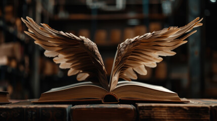 Poster - Book with wings formed from its open pages symbolizes freedom and imagination, set in library filled with books