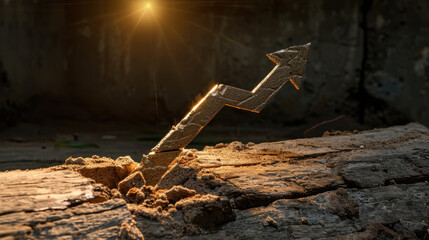 Poster - Rising arrow symbolizing financial growth emerges from wooden surface, illuminated by warm light, conveying hope and progress