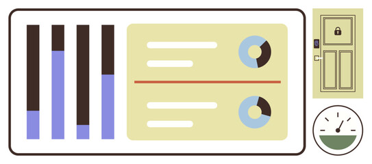 Poster - Bar graphs, pie charts, and analytics reports complement secure locked door and performance gauge. Ideal for analytics, security, data visualization, access control, progress tracking, IT simple