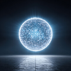 Aufkleber - Glowing futuristic sphere of light composed of numerous bright data points floats above tiled floor in dark space