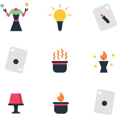 Poster - Colorful vector illustration depicting a variety of magic themed icons arranged neatly on a dark background, representing illusion