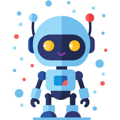 Poster - Cute futuristic robot illustration with a charming smile and colorful details on a black background filled with floating orbs