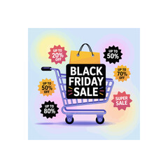 Poster - Black Friday sale illustration featuring a shopping cart with discounts up to 80 percent offers and a shopping bag for promotional marketing