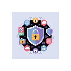 Poster - Digital security illustration featuring a shield, padlocks, and abstract data icons for protection and privacy