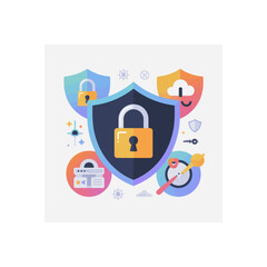 Poster - Digital security illustration featuring shields, locks, and security tools in a modern flat design style, symbolizing data protection and cybersecurity
