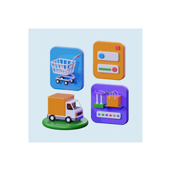 Poster - E-commerce online shopping concept featuring a delivery truck, shopping cart, product display, and settings interface in a 3D minimalist style