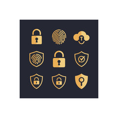 Poster - Golden security icons on dark background featuring fingerprint, padlock, shield and cloud for digital safety and protection
