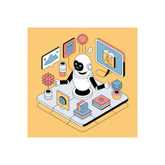 Aufkleber - Isometric illustration of a friendly robot surrounded by digital tools and data representations symbolizing artificial intelligence and technological advancement