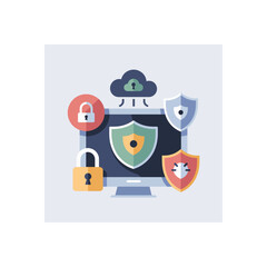 Poster - Illustrated computer screen displaying security shields and lock icons representing data protection and cybersecurity measures