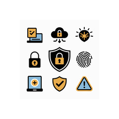 Poster - Security and protection icons showcasing data safety, privacy and digital security measures in a colorful vector design