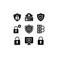 Poster - Security icons collection representing digital protection, cloud storage, network safety, and data privacy through shields, locks, and server symbols