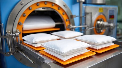 Poster - Close-up of sterilized retort pouches exiting high-pressure autoclave in modern food factory