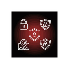 Poster - Security icons representing data protection and internet safety on a dark background with a red gradient