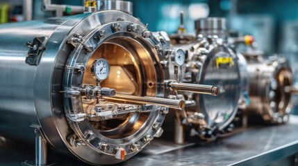 Poster - Close-up of sterilized retort pouches exiting high-pressure autoclave in modern food factory