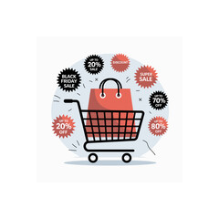 Poster - Shopping cart filled with a sale bag surrounded by discount signs for Black Friday and super sale offers up to 80% off, ideal for retail promotion