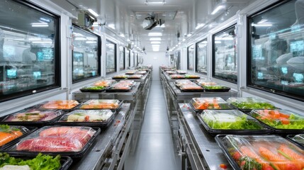 Poster - Plastic-wrapped food trays grouped in crates by robotic loader in hygienic packaging line
