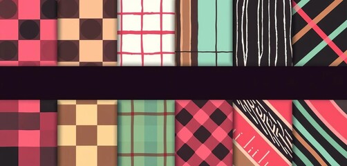 Poster - Hand-drawn seamless checkered, striped & geometric patterns; abstract textures in trendy flat vector style for textile & wrapping, texture, modern