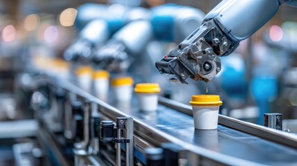Poster - Robotic arms handling food containers on a stainless steel conveyor in automated system