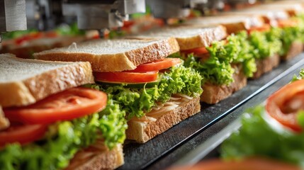 Poster - Robotic arms precisely placing lettuce and tomato slices onto bread in a sandwich assembly line