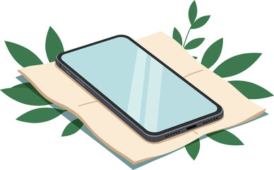 Poster - Smartphone device lying on beige paper with green leaves decoration and reflection on screen digital communication concept