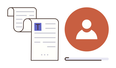 Poster - Two scrolling documents with text aligned beside a red circular icon symbolizing a user profile. Ideal for identity, data organization, profile management, professional settings, online registration