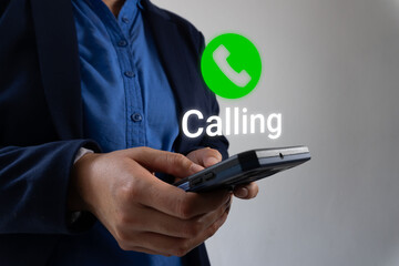 Poster - Businessman hands holding smartphone with phone icon on call