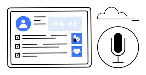 Poster - Digital medical record screen with user profile, heart rate graph, medication tracker, and voice assistant icon. Ideal for healthcare, technology, AI, telemedicine, cloud storage data management