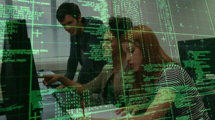 Poster - Man leaning over monitors initiating debugging on code while women typing and noting corrections
