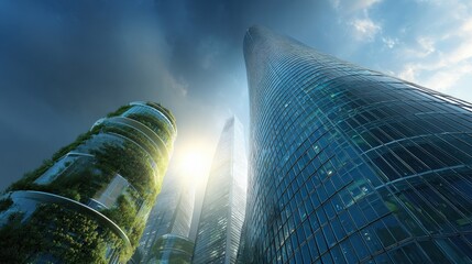 Poster - Modern glass skyscrapers reflecting sunlight in a vibrant cityscape showcasing contemporary urban architecture and innovative building design