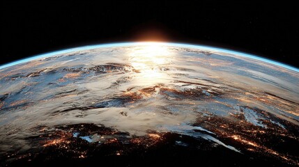 Poster - Majestic view of Earth from space showing continents clouds and sunlight rising over the horizon with stunning clarity and vibrant colors