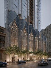 Poster - Modern skyscraper with Gothic-style arched and glass facade in downtown urban cityscape showcasing contemporary architecture and city life