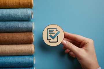 Poster - Hand Holding Wooden Sign with Checkbox Icon in Front of Stacked Rolled Fabric Textiles on Blue Background Perfect for Sewing and Craft Projects