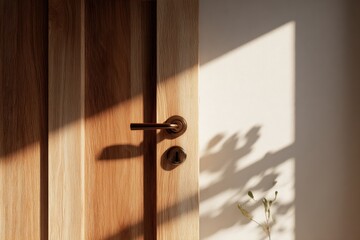 Poster - Warm Wooden Interior Door with Silver Handle and Keyhole Cast in Bright Sunlight Creating Shadows on Smooth Wall