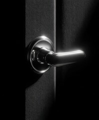 Poster - Close-up of modern silver door handle installed on black textured door in dim lighting for security and architectural design concept