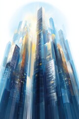 Poster - Modern futuristic cityscape with towe glass skyscrapers reflecting sunlight and vibrant colors in a high-rise urban environment