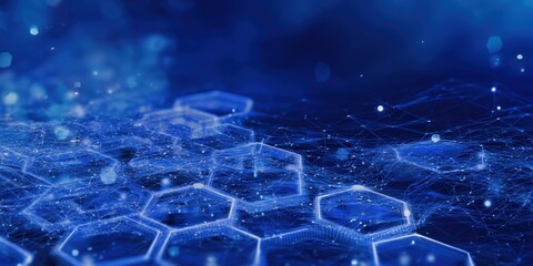 Poster - Highly detailed futuristic digital network with interconnected hexagons glowing in vibrant blue with data points and cyber technology elements