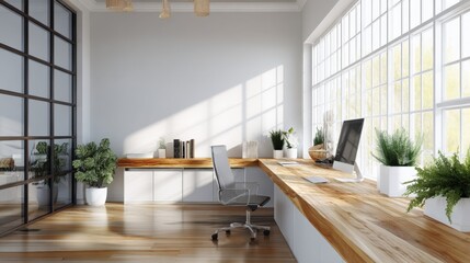 Poster - Bright Modern Home Office Workspace with Large Natural Light Minimalist Design and Wooden Desk