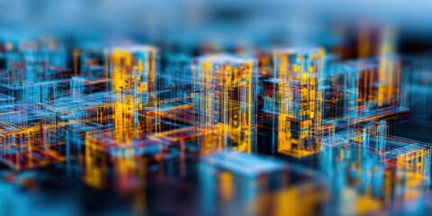Poster - Abstract futuristic cityscape with digital grid and glowing high-rise structures representing modern technology and urban innovation
