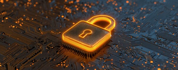 Poster - Brightly Glowing Digital Lock Icon on Circuit Board with Privacy and Security Concept for Technology and Data Safety
