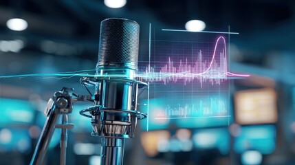 Poster - High quality close-up of professional microphone with o waveform hologram in recording studio environment for music and broadcasting