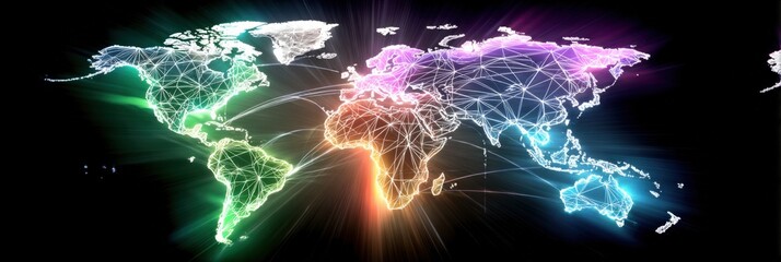 Poster - Vibrant Neon World Map Illustration with Glowing Network Lines and Digital Connectivity Visual for Global Technology and Communication Concept