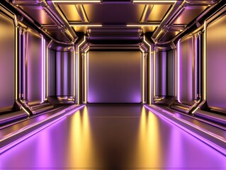 Aufkleber - Futuristic neon-lit tunnel corridor with glowing purple and yellow reflections, sleek metallic design, sci-fi architecture environment