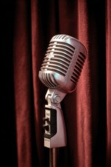 Poster - Close-up of vintage silver microphone on stand against red velvet curtain backdrop highlighting retro music and performance ambiance