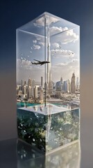 Poster - Modern transparent glass cube structure reflecting city skyline with high-rise buildings and blue sky du daytime, architecture design