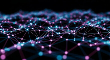 Poster - Network of connected nodes with glowing pinkblue lights on a black background