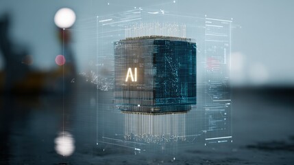 Fototapete - AI Technology and Data Visualization Concept Featu a Digital Cube with Artificial ligence Text in a Futuristic Environment