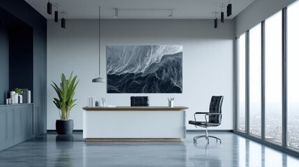 Aufkleber - Modern minimalist office space with a large window view, contemporary furniture, a desk with a laptop, and abstract wall art in a professional environment