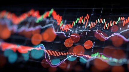 Poster - Detailed close-up of colorful financial stock market charts and data graphs on dark background with line graphs and candlestick representations