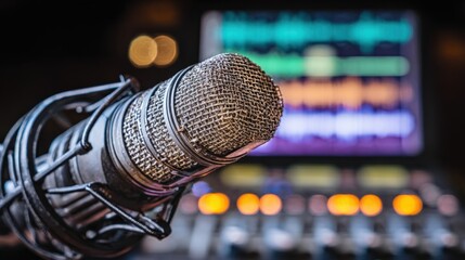 Poster - Professional condenser microphone with pop filter in recording studio with o editing software in background for music or podcast production