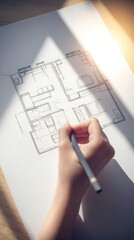 Poster - Architectural Blueprint Drawing of a Modern Residential House with Hand Holding a Pen Over Paper Planning Design